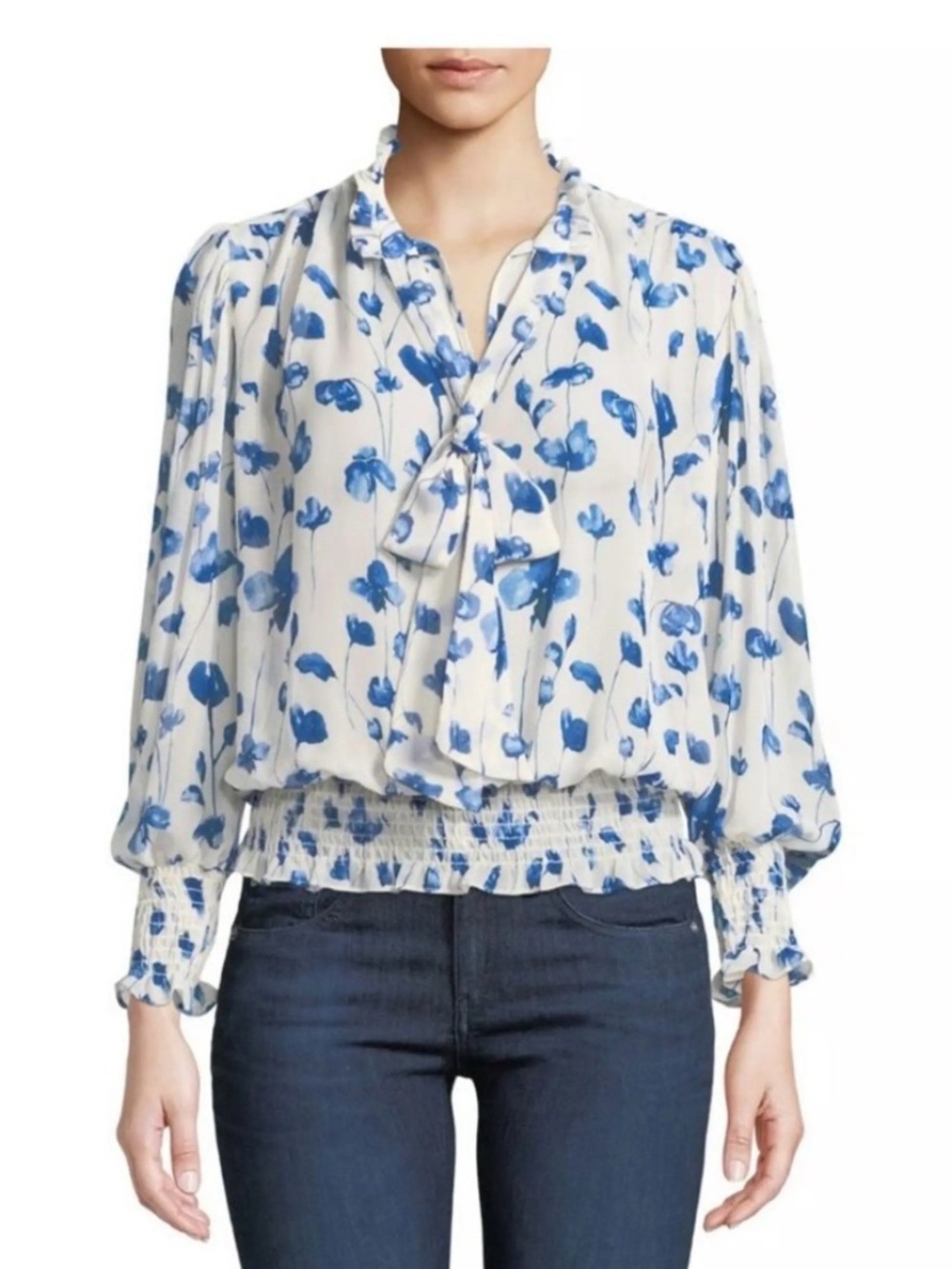 Misa Los Angeles White & Blue Floral Tie-Neck Smocked Hem Blouse.